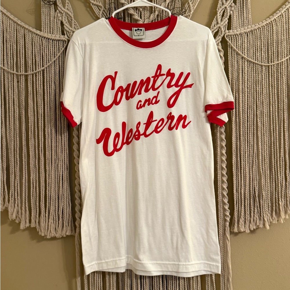 White Ringer Tee with Red 'Country and Western' Script